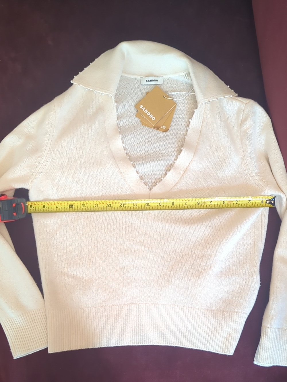 NWT Sandro Pearl Beaded V-Neck 100% Wool Sweater Size 0 | Cream - Picture 5 of 5